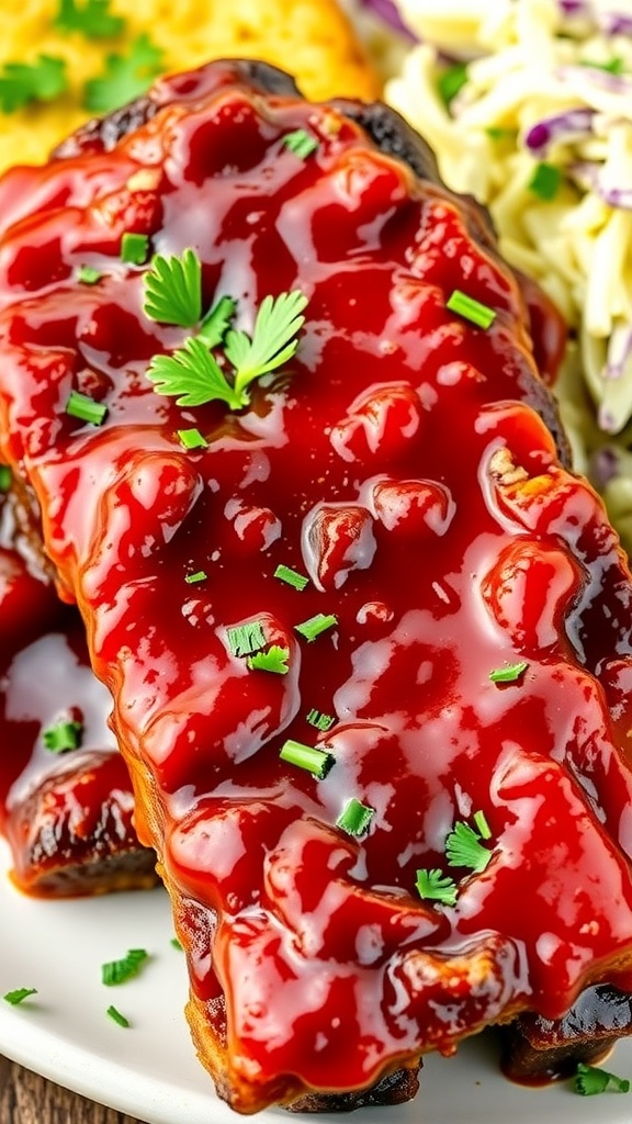 Juicy J BBQ ribs on a plate with sauce, parsley, coleslaw, and cornbread.